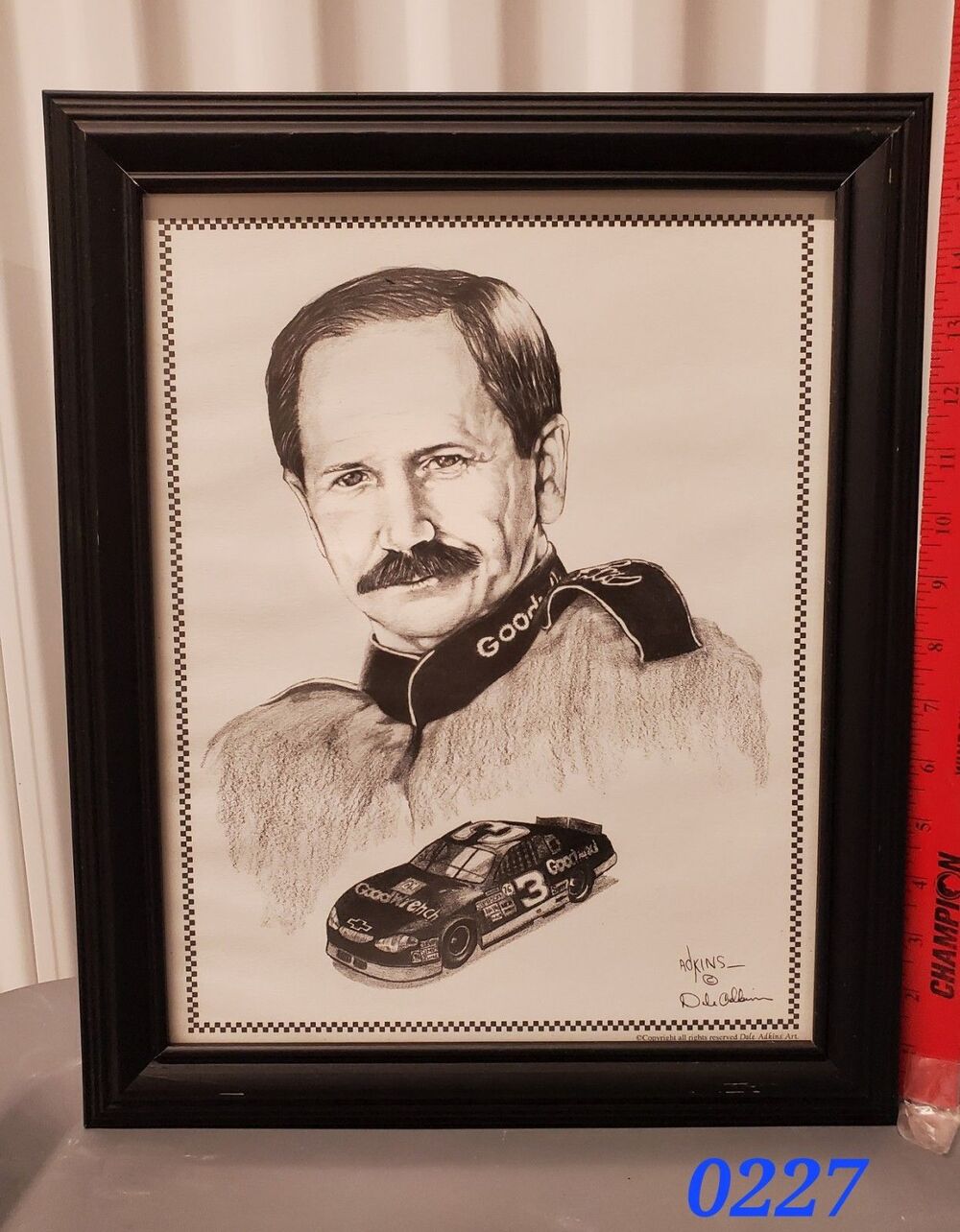 Dale Adkins Art Sketch Drawing Framed Print Of Dale Earnhardt Sr & #3 Car - 0227